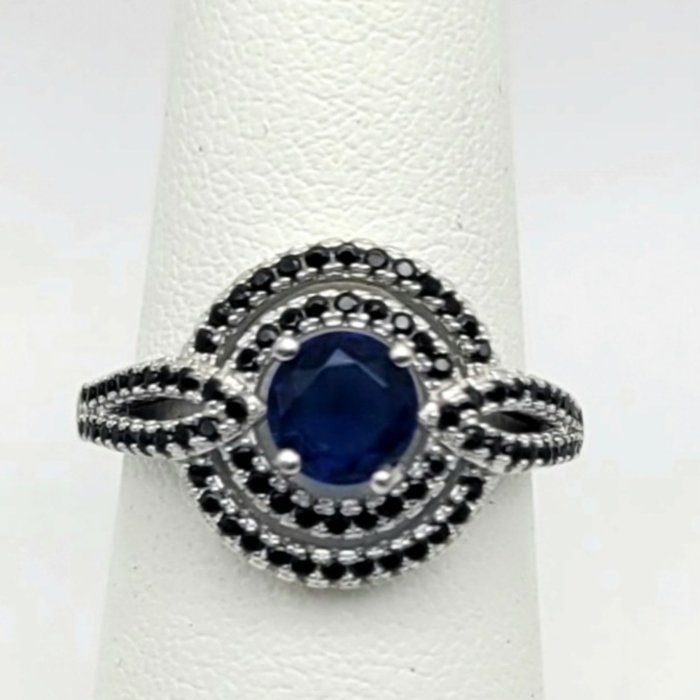 Round Blue Sapphire Black Spinal Accents Halo Ring